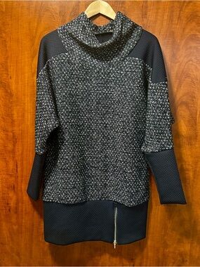 RUELLE Dark Blue and White Cowl Neck Tunic with Zip Detail